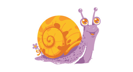 A charming and cheerful purple cartoon snail with a spotted yellow shell, smiling happily. Whimsical animal character vector illustration isolated on white.