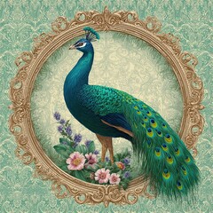 Elegant peacock with vibrant feathers standing among flowers inside ornate vintage golden frame on patterned background