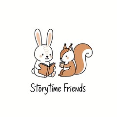 Fototapeta premium Delightful bunny reading stories to a cute squirrel drinking tea makes adorable friendship learning fun