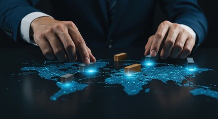 Businessman planning global logistics network with cargo container on world map. International freight shipping management.