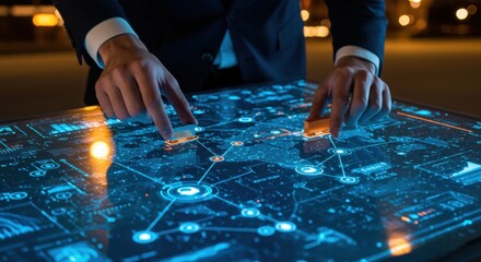 Man engaging with an interactive digital table, optimizing a futuristic logistics network. Supply chain management and global business strategy.