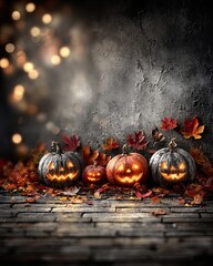 Halloween and autumn holiday banner background with bats, pumpkins and Jack-o'-lanterns