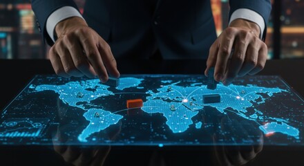 Man in suit placing container on digital world map. Global trade, logistics, and supply chain management concept for business.