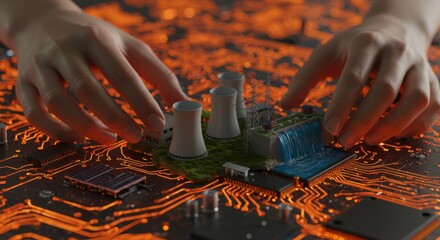 Woman's hands connecting clean energy power plants to a glowing circuit board network. Sustainable development for digital world.