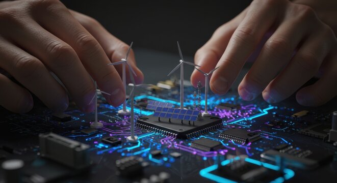 Man's hands assembling a circuit board featuring solar panel and wind turbine models. Sustainable energy technology development.