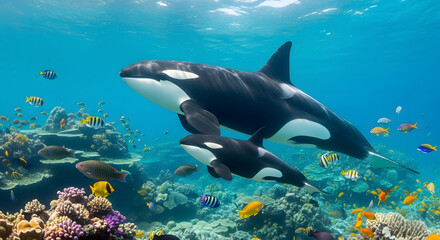 A pod of orca whales swims in tandem under the clear blue sea, sunlight penetrating the surface of the water.