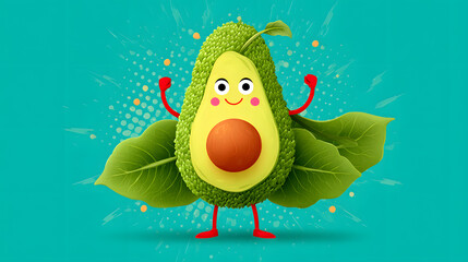 Playful avocado superhero with spinach cape, striking dynamic pose, colorful vibrant food illustration, healthy creative concept