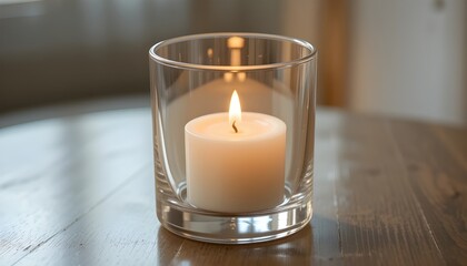 Transparent glass candle holder with lit white candle inside
