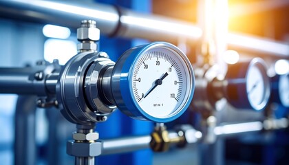 Industrial pressure gauges and stainless steel piping in a complex machinery system