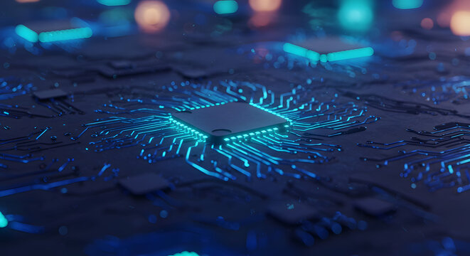 Futuristic Microchip Processor Close-up: Advanced Technology, Circuit Board, Artificial Intelligence, Quantum Computing, Data Processing, Blue Neon Lights, Innovation