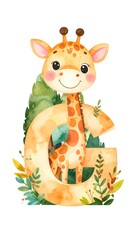 Cute giraffe character behind letter G.  Watercolor style