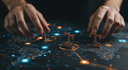 A man's hand adjusting a miniature oil pump jack on an illuminated digital map, representing global energy supply chain.
