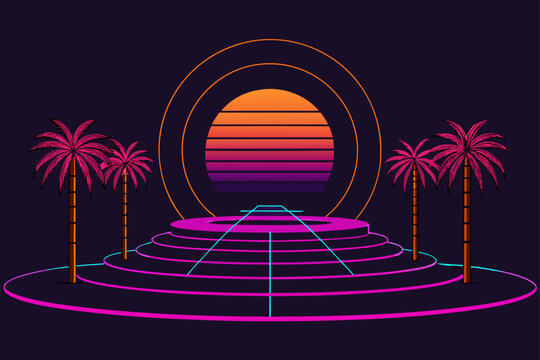 Wireframe Garden of Palms with Layered Neon Sunset