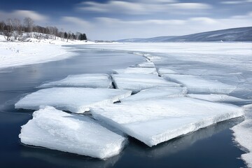 Frozen river with fractured ice sheets