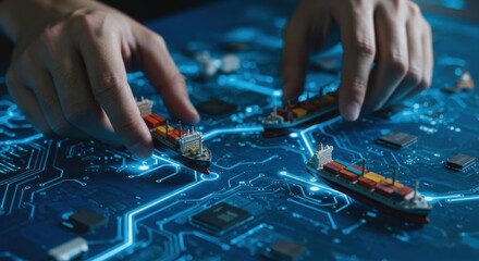 Man using fingers to move miniature ships across a glowing circuit board for global logistics data and technology concept.