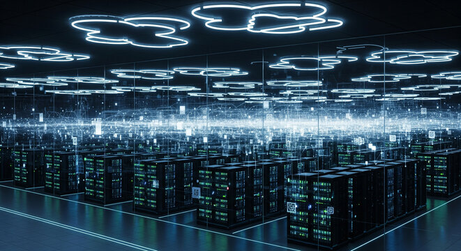 An isometric view of a massive futuristic data center with rows of glowing server racks, transparent walls, and visible holographic data streams moving between them.
