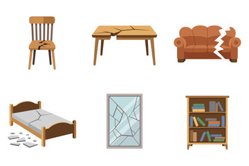 Damaged furniture and repair icons, broken chair cracked table shattered mirror bed bookshelf, restoration and maintenance vector