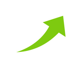 Single upward green arrow with a sleek curve and solid fill for dynamic motion illustration on transparent background. 
