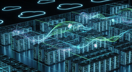 An isometric view of a massive futuristic data center with rows of glowing server racks, transparent walls, and visible holographic data streams moving between them.