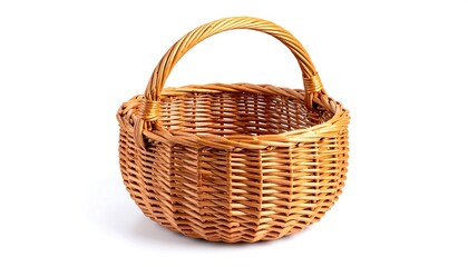 Obraz premium Woven Willow Basket with Handle Isolated on White Background, Close Up