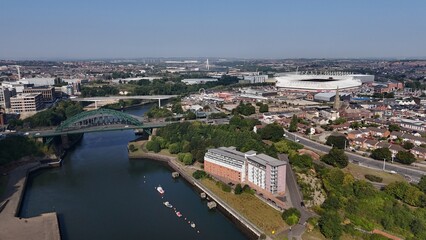 Drone aerial view sunderland north east england tyne and wear wearside river monkwearmouth bridge...