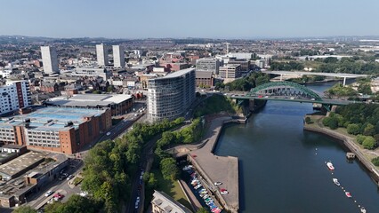 Drone aerial view sunderland north east england tyne and wear wearside river monkwearmouth bridge british uk city