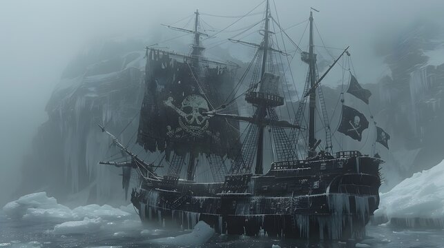 Mysterious pirate ship navigating through icy waters, foggy atmosphere.