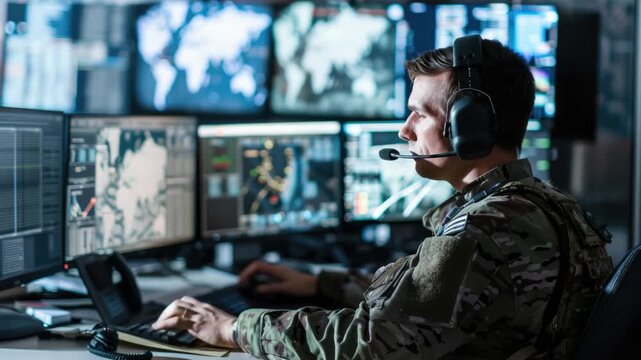 A military officer sits at a computer with a serious expression, possibly conducting official business or analyzing data