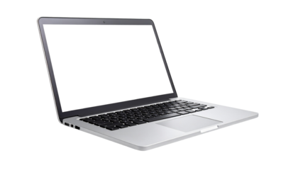 Modern slim laptop with blank screen, isolated on transparent background, realistic lighting