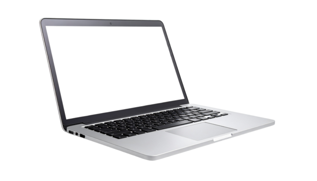 Modern slim laptop with blank screen, isolated on transparent background, realistic lighting