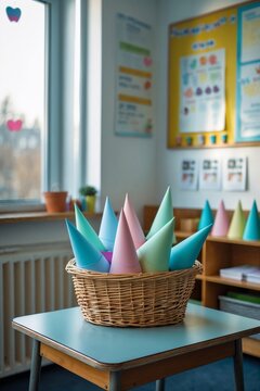 Classroom table with pastel Schult&uuml;ten in wicker basket