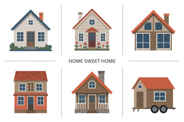 Tiny house and mobile cabin set, compact living vector, trailer micro home illustration, sustainable housing poster, lifestyle clipart