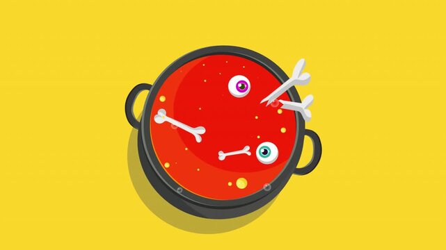 Animated Cartoon Cauldron Bubbling with a Spooky Red Potion, Eyeballs, and Bones for Halloween
