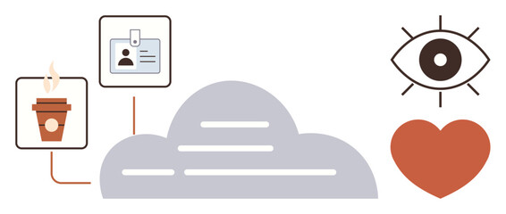 Cloud design, coffee cup, ID badge, open eye, and heart. Ideal for technology, productivity, identity insight connection wellness creativity. Minimal design as simple flat metaphor
