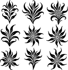 Tribal Floral Tattoo Design Vector Set in Black Silhouette
