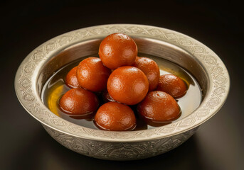 Sweet Golden Gulab Jamun, a Beloved Indian Dessert, Soaked in Syrup and Served in an Ornate Silver Bowl.