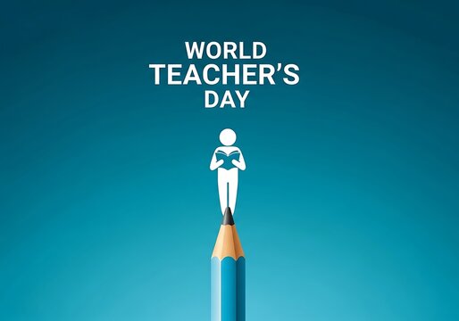 World teacher s day celebration with a person holding a book standing on a pencil