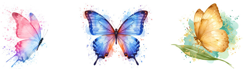 Fototapeta premium Three watercolor butterflies in pink blue and yellow with artistic splash effect on a white canvas surface on transparent background