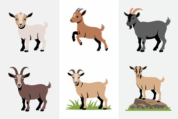 Baby goat and adult goat icons, kid goat vector, farm livestock illustration, grass field clipart, countryside animal elements