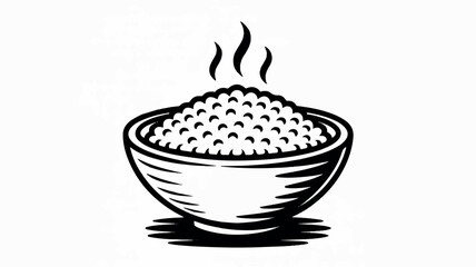 Black and white illustration of a steaming bowl of rice with subtle steam effects