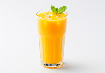 A refreshing chilled glass of vibrant orange mango lassi with ice and fresh mint leaves on a white background.