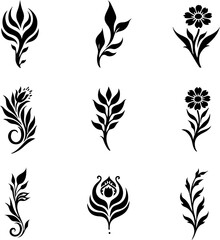 Tribal Floral Tattoo Design Vector Set in Black Silhouette