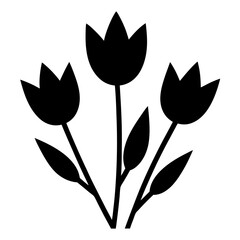 Black silhouette of three tulips with leaves