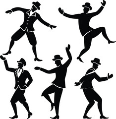 Fototapeta premium Silhouette Dancers: Black & White Vector Illustration of Men in Vintage Suits & Hats Dancing