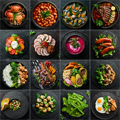 Photo collage of food in plates. Dishes from Meat, Seafood and Vegetables. Top view on black background. Square image for social media.