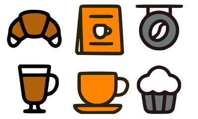 A collection of charming line icons depicting coffee shop treats and beverages.