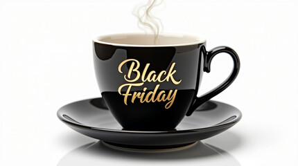 Steaming coffee cup with black friday golden text isolated on white background a captivating image showcasing the allure of seasonal sales and promotions, perfect for holiday marketing
