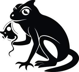 Black Silhouette Frog Eating Mushroom Vector Illustration, Cartoon Style Amphibian Art