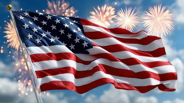 Waving United States Flag and Fireworks: A captivating scene showcases the iconic United States flag fluttering proudly against a brilliant sky.