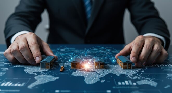 Man managing global logistics network connecting warehouse models across a digital world map, concept of supply chain
